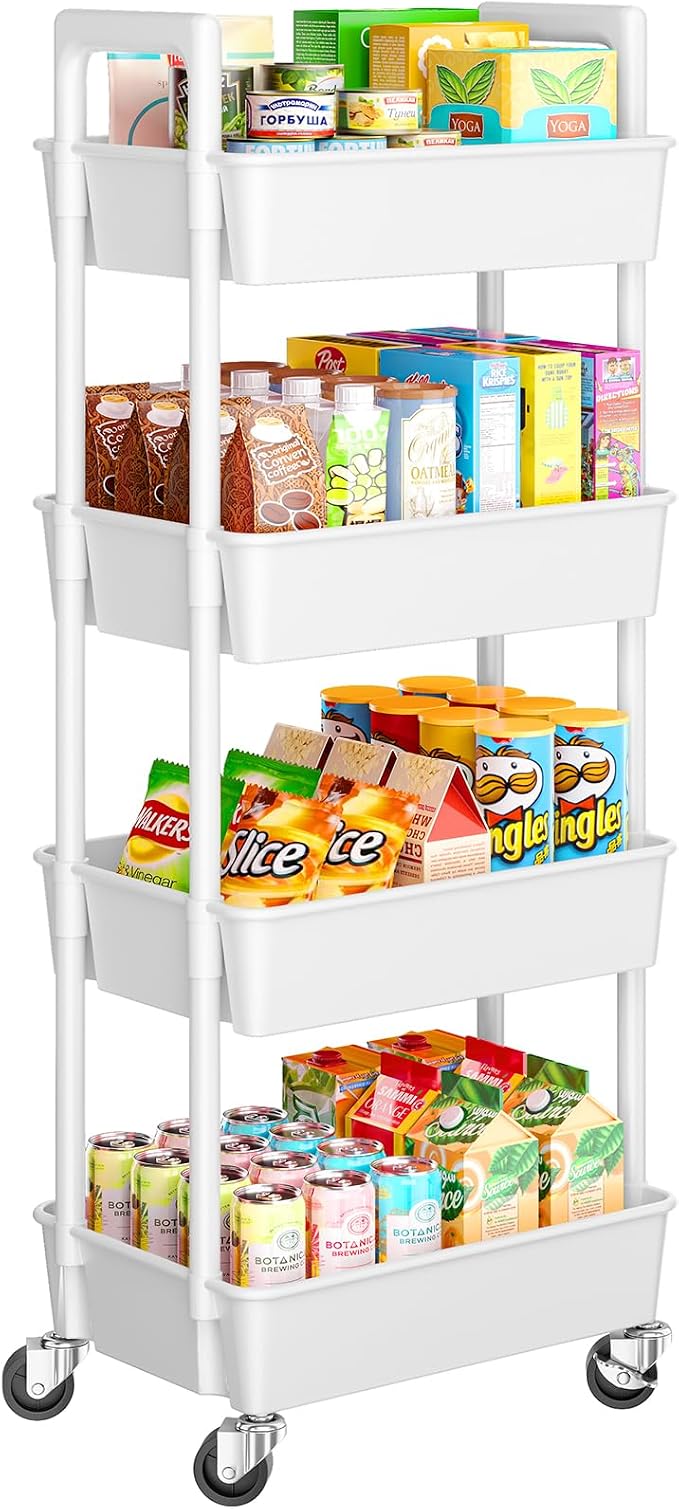 Pipishell 4 Tier Rolling Cart Organizer, Plastic Rolling Cart with Lockable Wheels & Reinforced Handle, Lightweight Utility Storage Cart for Nursery, Kitchen, Craft Room, White by Pipishell