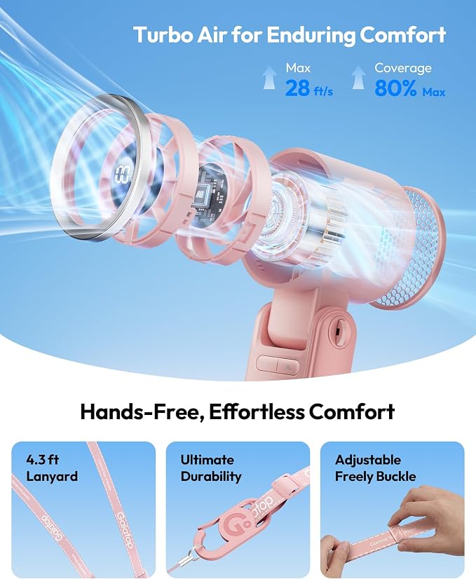 Gaiatop Portable Handheld Turbo Fan, 15 Hrs Cooling, 180° Foldable 4-in-1 Hand Held Fans, 6-Speed (1-100) Personal Mini Handheld Fans, Small Portable Fan for Travel, Working, Outdoor Women Gifts, Pink - Image 8
