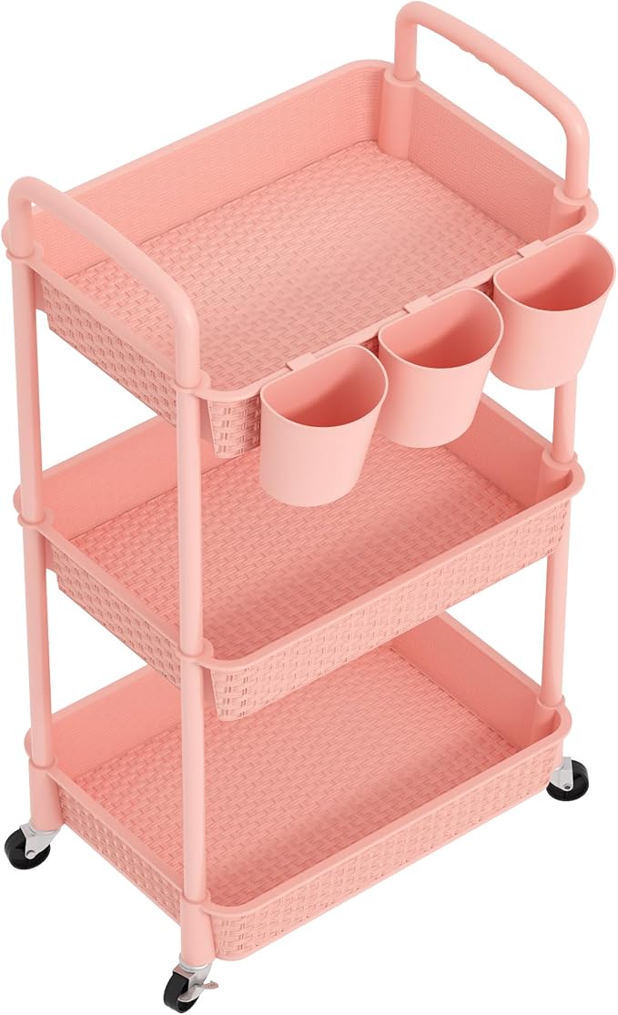 MOYIPIN 3-Tier Plastic Rolling Utility Cart with Handle,Pink | Utility Storage Cart for Office, Living Room, Kitchen,Movable Storage Organizer，Easy installation，Rattan-like art design - Image 9
