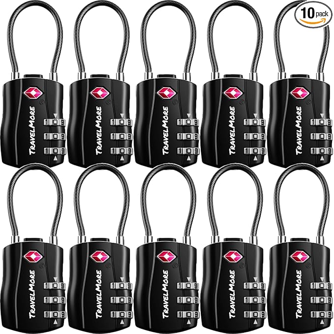 TSA Approved Luggage Locks, Travel Combination Cable Locks | TSA Accepted, Easy to Use, Durable, Flexible Steel Cable, Zinc Alloy Body, for Suitcases, Backpacks, Zippers, 10-Pack, Black by TravelMore