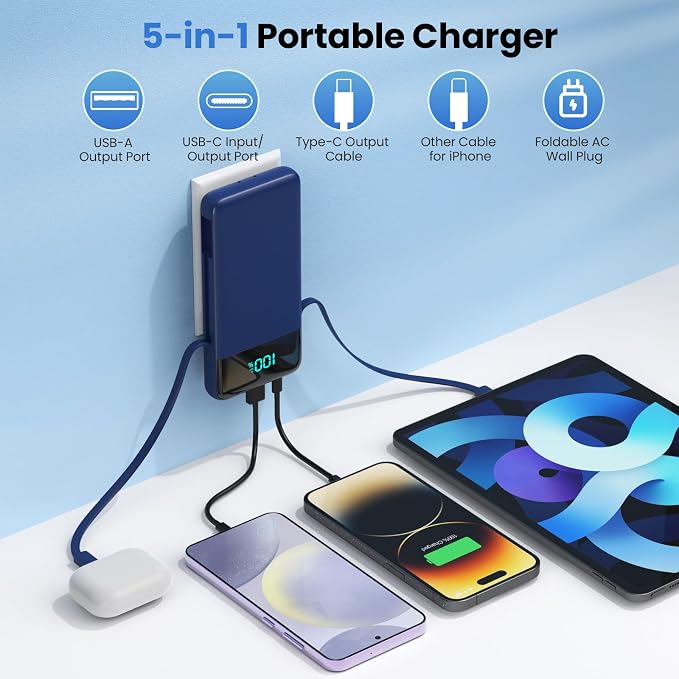Portable Charger for iPhone with Built in Cables and Wall Plug,Upgraded 13800mAh Fast Charging USB C Power Bank,4 Outputs Travel Essential Battery Pack Compatible with iPhone 17/16/15/14,Galaxy-Blue - Image 2