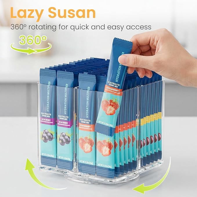 360° Rotating Acrylic Drink Packet Organizer, 4 Slot Water Flavor Packets Holder, Lazy Susan Water Packet Organizer for Drink Mix,Instant Coffee,Tea Sugar Packets Storage for Cabinet Kitchen Pantry - Image 2