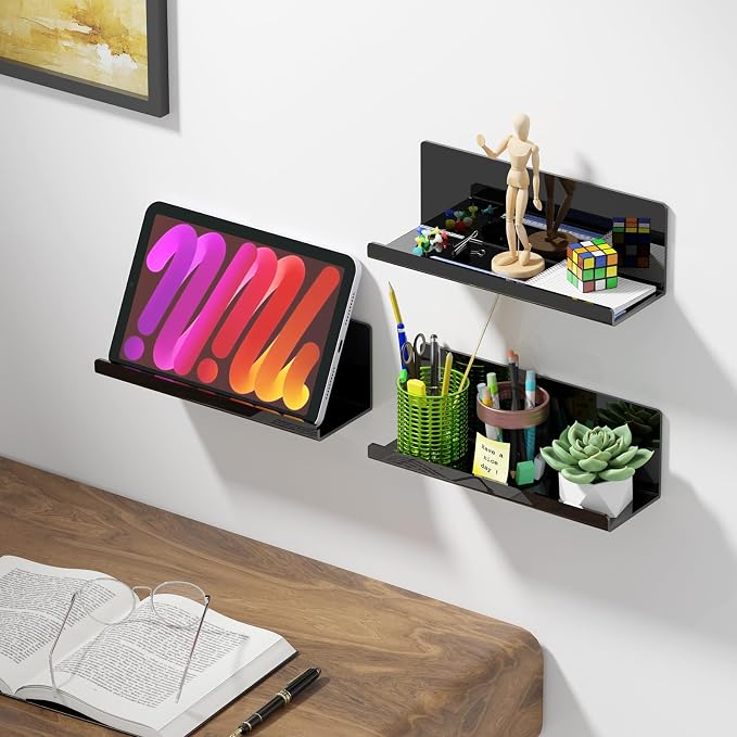 PAVSTINE Acrylic Floating Shelves for Wall No Drilling, Self Adhesive Space-Saving Shelves, 12 Inch Floating Shelf Stick on Wall Shelf, for Bathroom, Kitchen, Bedroom, Office, Gaming Room, Black - Image 5