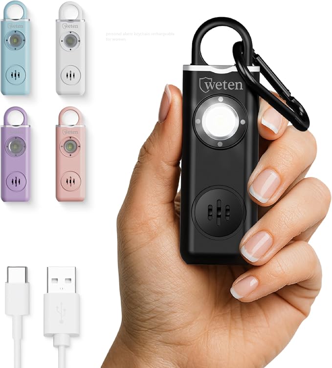 Rechargeable Personal Safety Alarm Keychain, 130dB, USB-C Charging, Black | Low Battery Alert, Carabiner Clip, LED Light, Pin Activated, Self Defense Panic Siren for Women by WETEN