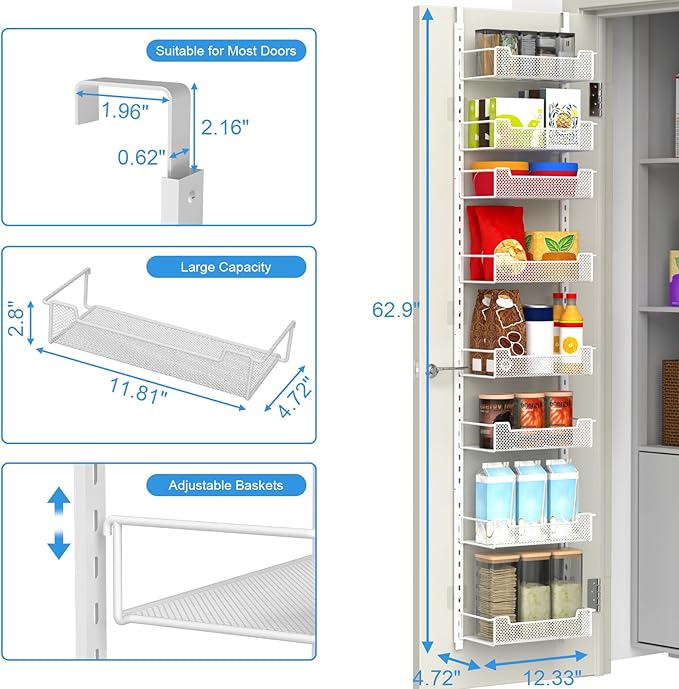 VyGrow 12.3" W Narrow Over the Door Pantry Organizer, 8-Tier Over the Door Organizer with Adjustable Basket, Pantry Door Organization for Pantry Kitchen Storage Room Spice Rack, White - Image 3
