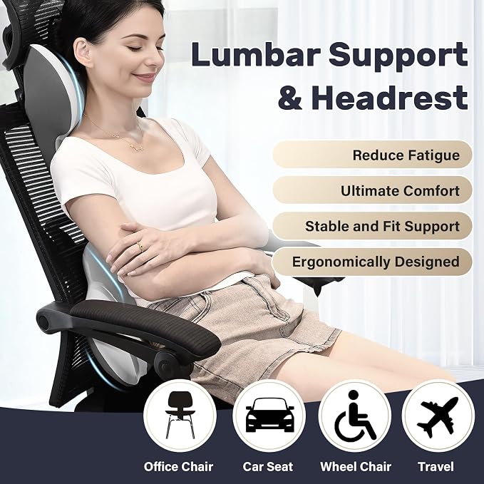 Coverado Lumbar Support and Headrest Pillow for Car, Memory Foam Ergonomic Head Neck Support Pillow for Driving Seat, Back Support and Pain Relief, Seat Cushion for Car, Driver, Office - Image 2
