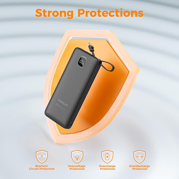 TESSAN Portable Charger with Built in Cables, 10000mAh Power Bank Fast Charging with Foldable AC Plug, PD20W Compact Battery Pack Travel Essentials for iPhone 17/16/15 Series, Samsung, Tablets, Black | PD20W USB C Fast Charging with Foldable AC Outlets... - Image 7