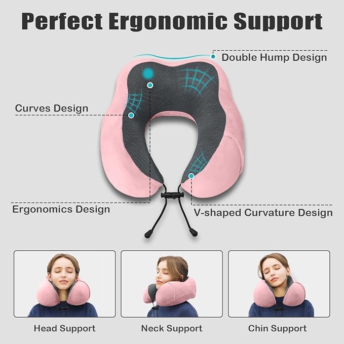 Travel Pillow, Memory Foam Neck Pillow for Traveling, U Shape Neck Pillow Airplane Portable Flight Pillow Travel Kit with 4D Contoured Eye Masks and Earplug for Plane Train Car Home Office - Pink - Image 4