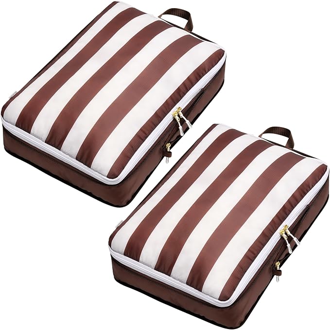 Extra Large Compression Packing Cubes for Checked Luggage, Lightweight Suitcase Organizers & Space Saver Bags - Travel Cubes for Packing - 2pc Set, X-Large - Brown Cabana Stripe by Unknown