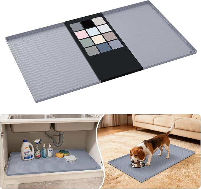 URMONA Waterproof Silicone Under Sink Mat 37'' x 22'' Shelf Liner for Kitchen and Bathroom, Cabinet and Counter Protector, Storage and Organizers, Litter Mat, Pet Cat Puppy Essentials(Light Grey) by URMONA