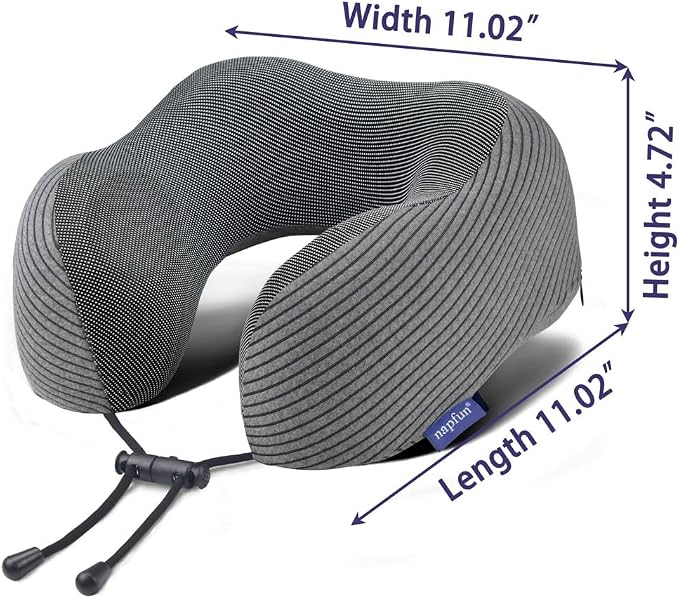 napfun Neck Pillow for Travel with Travel Pouch, Sleep Mask & Earplugs, Memory Foam Airplane Pillow for Headrest Sleep with Eyeshades, Plane Essentials with Eye Blindfold, Dark Gray Striped Kit - Image 4