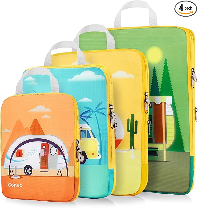 Gonex 4-Piece Compression Packing Cubes, Expandable Travel Organizers | Unique Printed Design, Ripstop Fabric, Double-Zip Compression, Carry-On Friendly, Lightweight by Gonex