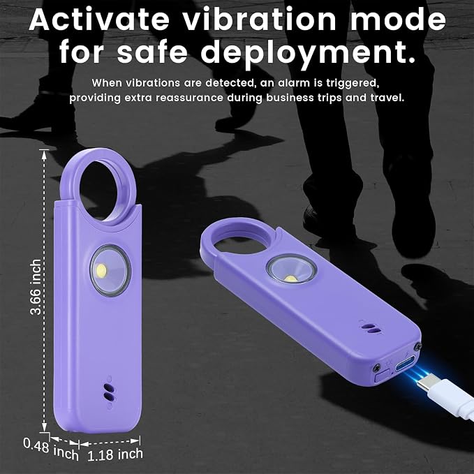 TIPSEAN Personal Safety Alarm - 135dB Ultra Loud Siren with LED Strobe Light, USB-C Rechargeable, Compact Keychain Alarm for Women/Men, Emergency Flashlight & Vibration Alert(Purple) - Image 6