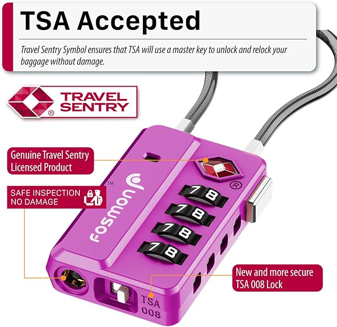 Fosmon TSA Approved Luggage Locks, 4 Digit Combination Cable Travel Lock for Suitcase & Backpack, Heavy Duty Metal Body Padlock with Open Alert Indicator (Purple, 2 Pack) - Image 2
