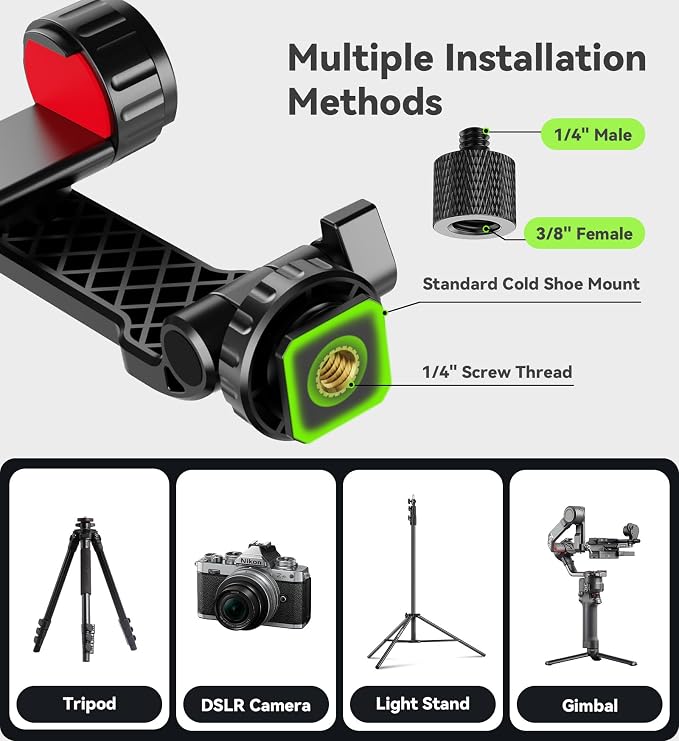 Phone Tripod Mount, Universal Smartphone Holder with 2 Cold Shoe Mount Adapter and 1/4" Standard Screw Thread, 360°Rotation & 180°Tilt Phone Clamp Compatible with iPhone & Android for Photography - Image 3