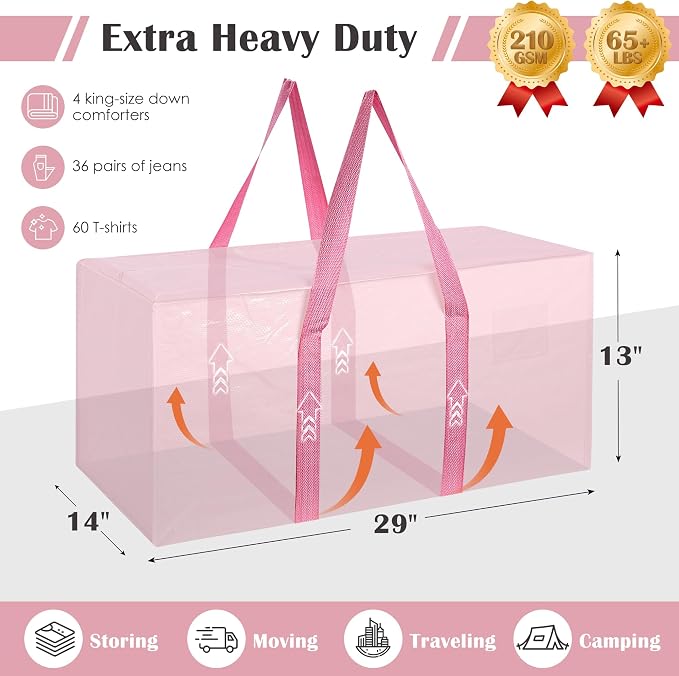 6 Pack Moving Bags with Full-Open Side Zipper, Extra Large 93L Heavy Duty Waterproof Foldable Storage Totes for College Dorm, Moving & Home Organization Pink - Image 2