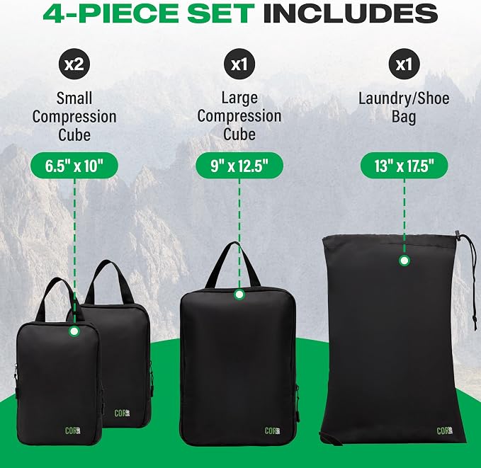 Compression Packing Cubes Travel Organizers plus Laundry or Shoe Bag with YKK Zippers (Black, 4 Piece) | 1 Large & 2 Small Cube, 2-Zipper Compression + Laundry Bag, Tear & Water-Resistant Ripstop, Reinforced Zippers - Image 3
