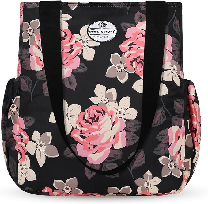 HUA ANGEL Floral Tote Bag - Casual Shoulder Bag Daily Tote Bag with Zipper Gym Travel Shopping Work Handbag for Women by Huaangel