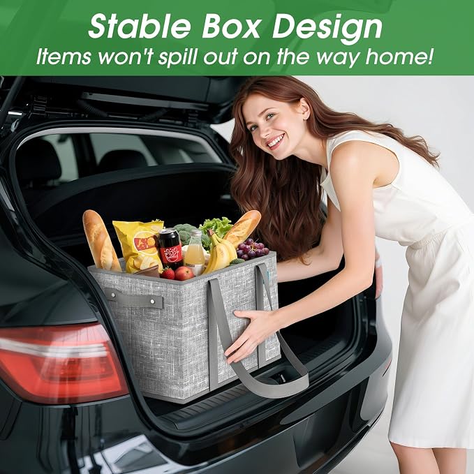 Fab totes Reusable Grocery Bags, Large Foldable Shopping Tote Bags with Reinforced Handles & Hard Bottom,2 Pack, Grey - Image 6