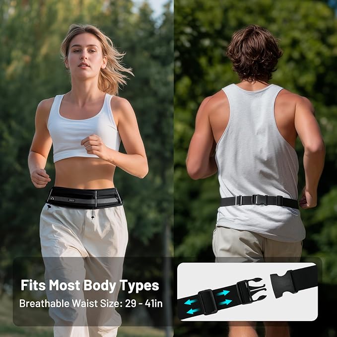 MIER Running Belt for Women & Men, Fanny Pack with Marathon Bib Clip, Black | Slim Adjustable Phone Holder Pouch; Reflective Waist Packs for Running Essentials; Waterproof Zipper Pockets - Image 2
