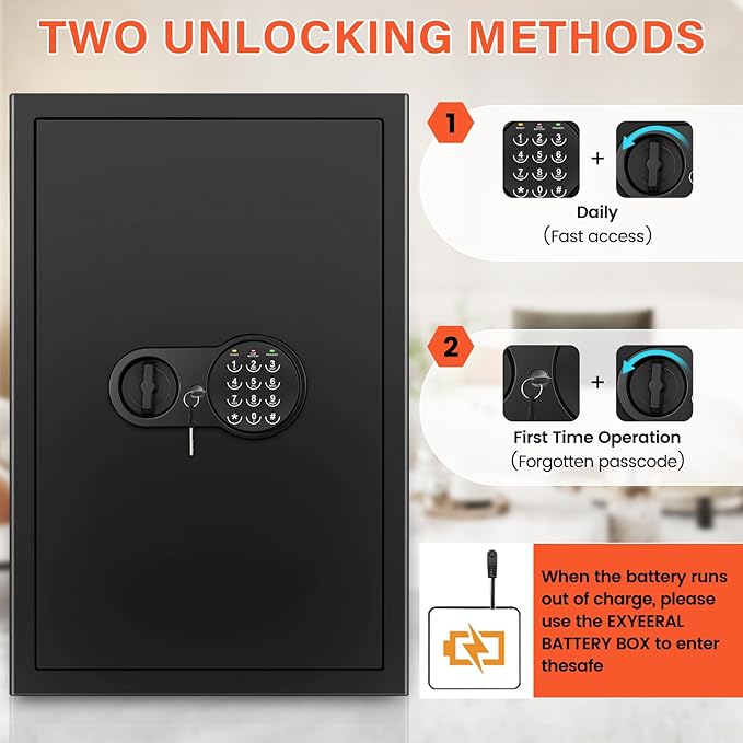 23.62'' Tall Extra Large Home Safe Box, Safe with Fireproof Waterproof Document Bag, Digital Keypad and 3 Removable Steel Shelves, Security Box for Money Medicines Jewelry Valuables - Image 6
