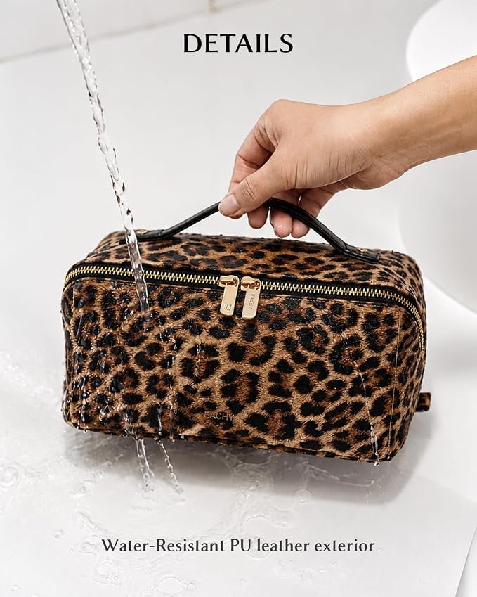 EACHY Travel Makeup Bag for Women, Flat Open Leopard Print Cosmetic Bag | Leopard-print PU leather cosmetic bag opens flat with dividers and clear TPU brush pocket for makeup and travel essentials - Image 2