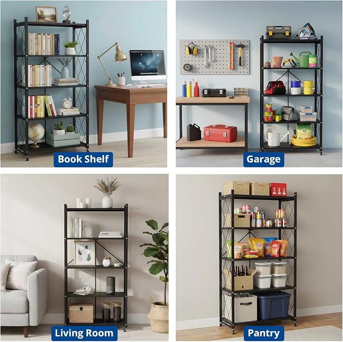 5 Tier Foldable Storage Shelf with Wheels, Heavy-Duty Metal Shelving Unit, No Assembly Book Shelf Rolling Storage Rack for Garage, Kitchen, Pantry, Closet, Exhibition, Office Decor, Black - Image 6
