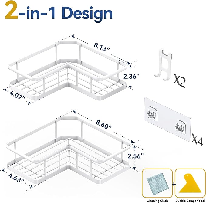 Corner Shower Caddy Adhesive, 100% Rustproof Shower Organizer, No Drill Shower Shelf for Inside Shower, Wall-Mounted Shower Storage for Homes (2 Pack, White) - Image 2