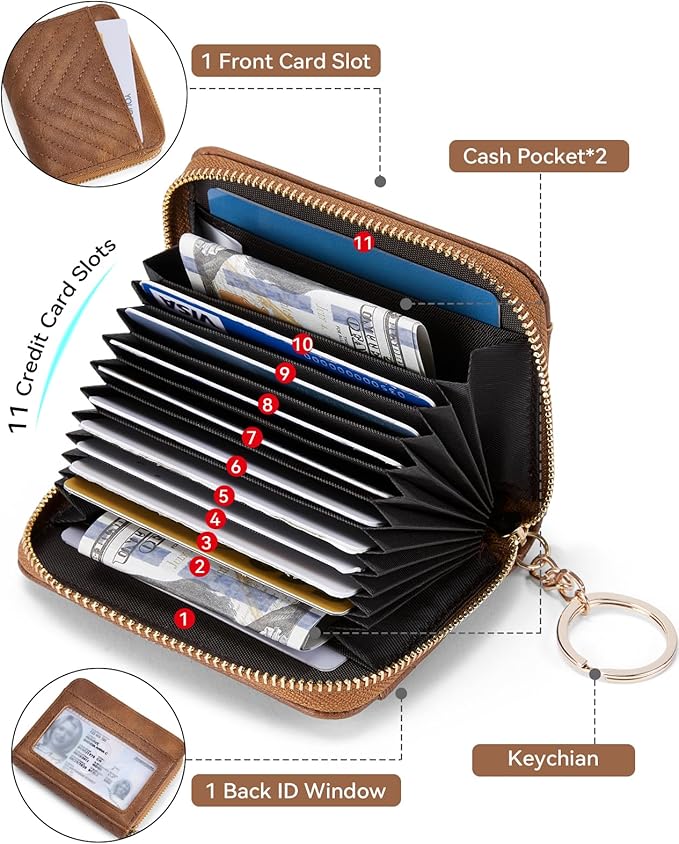 BOSTANTEN Credit Card Holder Small RFID Wallet Women with Keychain Wristlet | Compact, Accordion Design, Easy Organization, Fits Small Purses, Quilted Vegan Leather, Perfect Gifts, Brown - Image 2