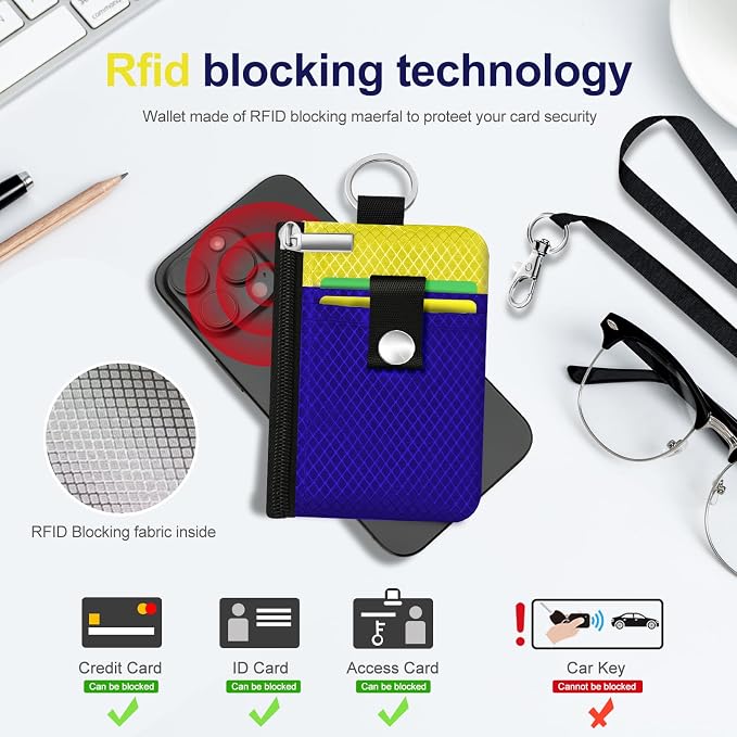 Minimalist RFID Blocking Small Wallet with ID Window,WaterResistant Zip Id Case Wallet with Lanyard Keychain for Cards,Cash,Travel,Women,Men (Sapphire Blue/Lemon Yellow) - Image 4