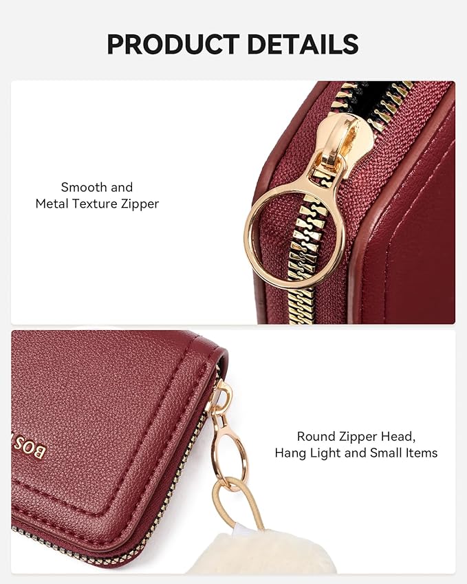 BOSTANTEN Credit Card Holder RFID Small Wallets Woman Zipper Card Wallet | Slim, Compact, Front Pocket, Accordion, Vegan Leather, Thin for Daily Use, Travel, Gifts for Women, Wine Red - Image 3