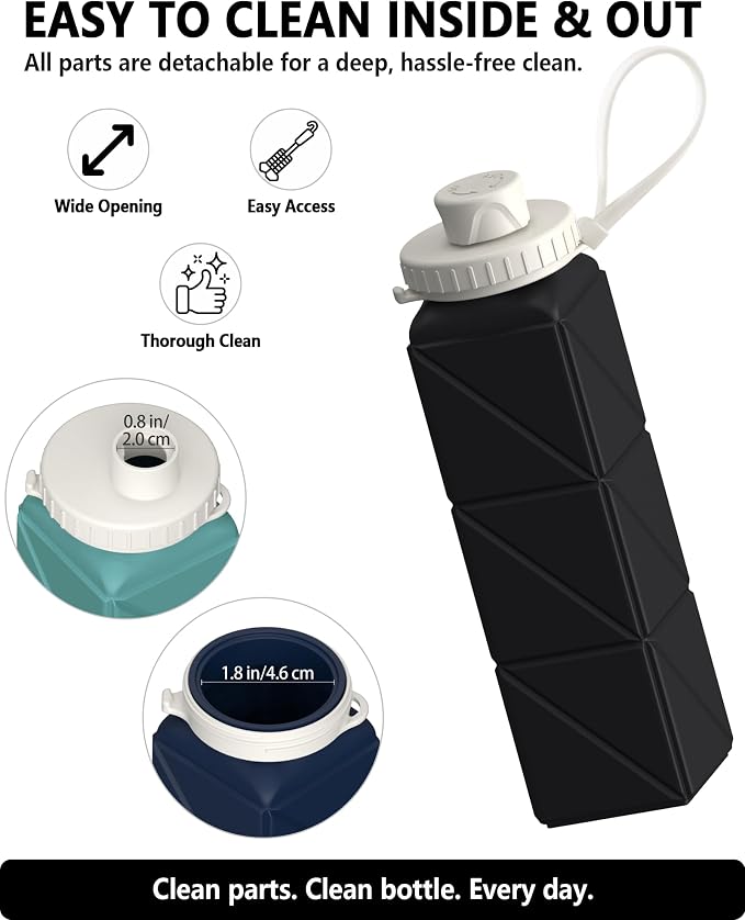 BEAUTAIL Collapsible Water Bottles 21oz/610mL, Silicone Travel Water Bottle | BPA Free, Leakproof & Reusable, Foldable Water Bottle for Traveling, Hiking, Gym, School, Sports, Outdoor, 1-Pack, Black - Image 5