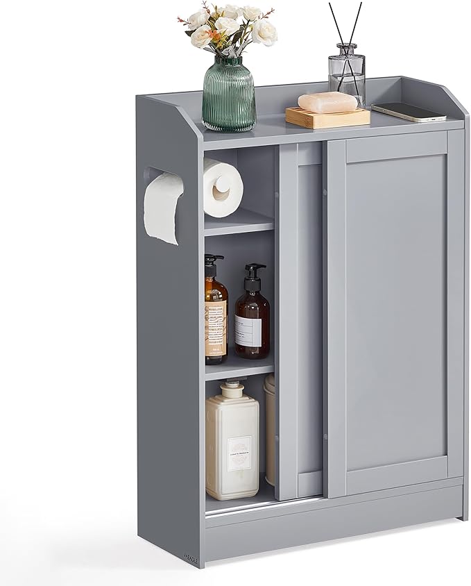 VASAGLE Slim Bathroom Storage Cabinet, Sliding Doors, Dove Gray | Adjustable Shelves，Toilet Paper Holder, Brush Compartment, 23.6 x 7.9 x 31.5 Inches, SIREN Collection UBBC752G02 by Unknown
