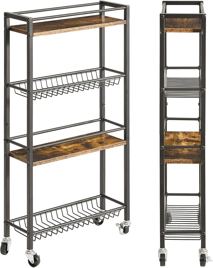 YMYNY Kitchen Storage Rolling Cart 4 Tier on Wheels Rustic Brown HBR002H | for Narrow Spaces, Laundry Room, Dining Room, Bathroom, 32.7" H Shelving Unit with Mesh Baskets by High-qualityhomefurnishing