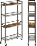 YMYNY Kitchen Storage Rolling Cart 4 Tier on Wheels Rustic Brown HBR002H | for Narrow Spaces, Laundry Room, Dining Room, Bathroom, 32.7" H Shelving Unit with Mesh Baskets by High-qualityhomefurnishing