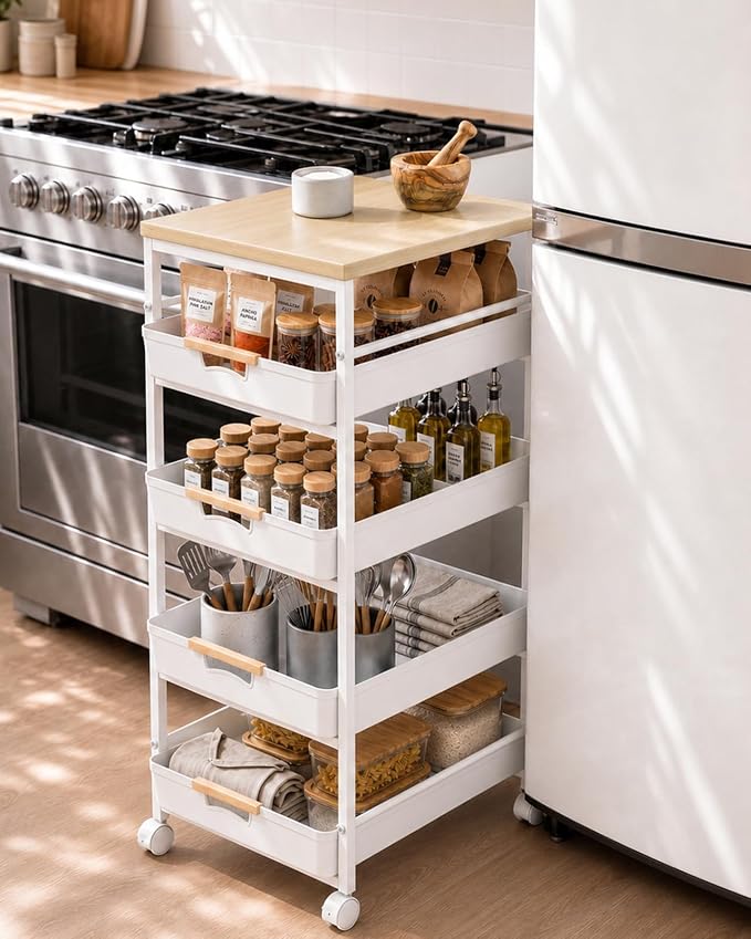 Pipishell Rolling Storage Cart with Drawers & Lockable Wheels, White | 5 Tier Kitchen Cart with Safety Stops & Vented Design, Wood Top, Pull-Out Utility Cart for Kitchen, Home Office, Bedside - Image 7