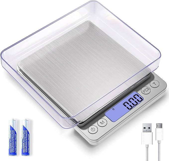 Digital Gram Scale 1000g/0.01g, Scale for Food Ounces and Grams, Upgrade USB Charging Kitchen Scale Digital Weight for Cooking, Baking, Tare Function, 9 Units, 2 Tray by MEIYA