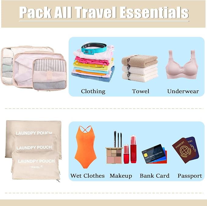6 Set Packing Cubes for Travel Luggage Packing Bags Reusable Lightweight Suitcase Organizer Cubes Set for Travel Accessories (Beige‌) - Image 5