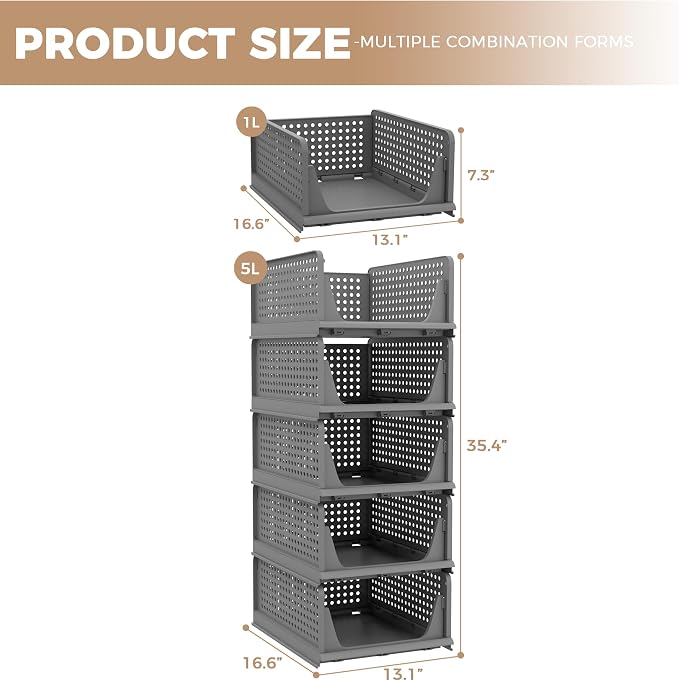 5 Pack Folding Closet Organizers - Stackable Plastic Drawer Basket for Clothing, Shelf Storage Container for Closet, Wardrobe, Bedroom, Bathroom, Office (Black) - Image 3