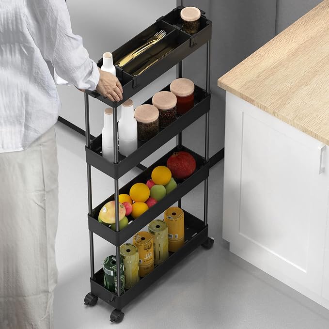 Slim Storage Cart 4 Tier,Bathroom Organizer Rolling Utility,Mobile Shelving Unit Slide Out for Office, Kitchen, Laundry Room & Narrow Places,Black - Image 7