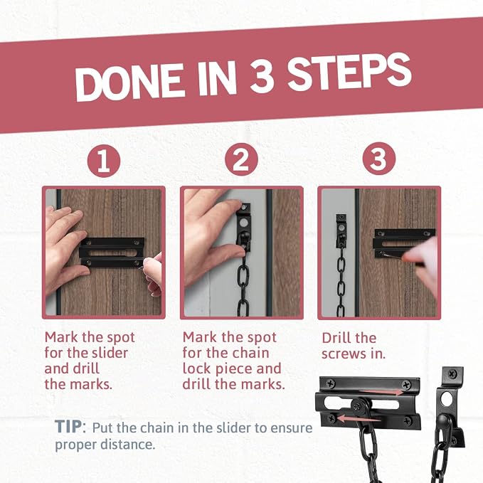 Jack N'Drill 2 Pack Door Chain Lock, Exclusive Chain Door Lock with Extended Chain Length, 100% Child Proof Safety, Heavy Duty Chain Locks for Inside Door and Extra Front Door Lock (Black) - Image 4