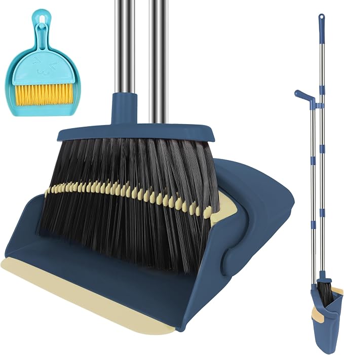 Broom and Dustpan Set, 51" Long Handle Broom with Mini Set Navy Blue | Mini Set for Tables, Kitchens & Tight Spaces, Built-in Comb Dustpan, Foldable Space-Saving Storage, Multi-Surface Use by UDUK