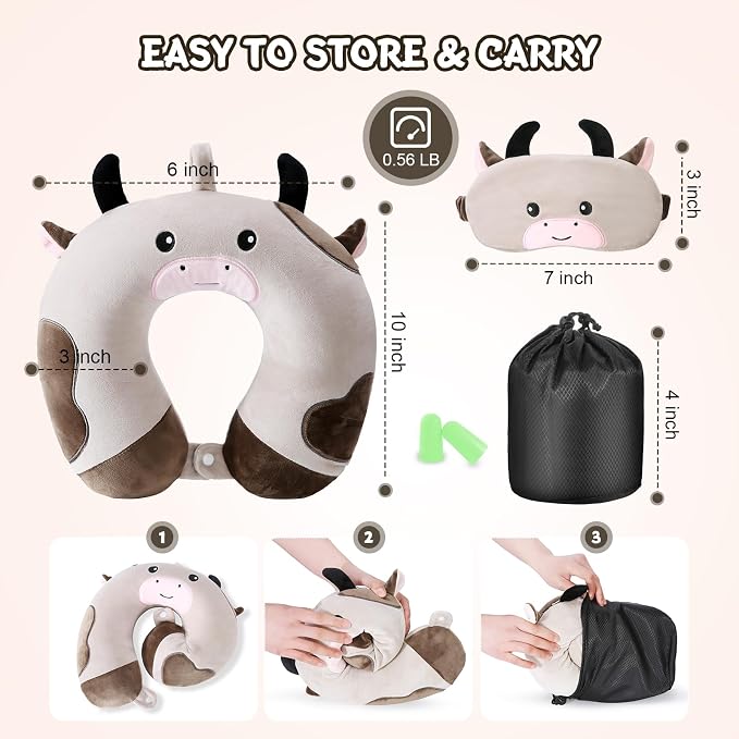 Cirorld Travel Pillow for Kids Adult Cute Neck Pillow for Traveling Memory Foam Airplane Pillow Sleep Mask Animal Flight Pillow Head Rest Neck Support for Cars Long Flights (Cow, 9-12 Y/O) - Image 8