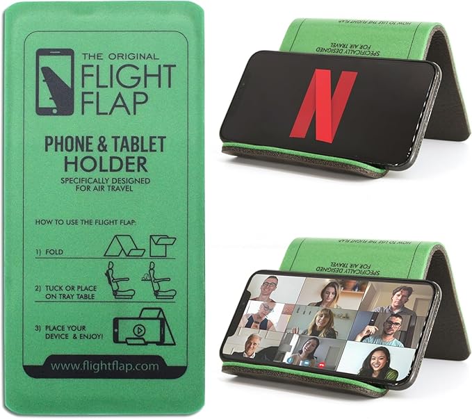 Foldable Airplane Phone Holder, Travel Phone Stand, Green | Use this flexible phone stand on a desk, bed, treadmill, office, kitchen counter, car headrest, or airplane seat back by FlightFlapbyFolden