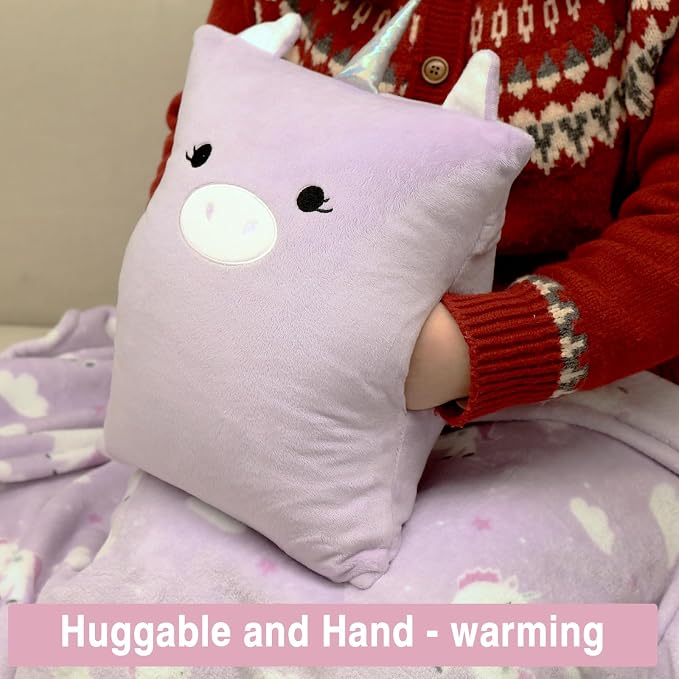 3-in-1 Kids Travel Pillow and Blanket Set | Snuggle Pillow with Hand Warmer, 40x60 inches Unicorn Blanket for Girls Compact, Perfect for Travel, Camping, Home and Office - Image 7