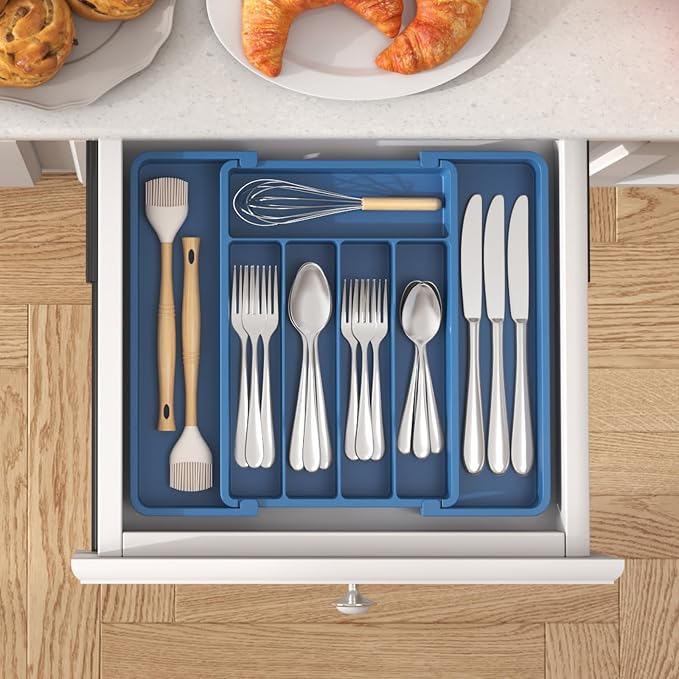 Lifewit Expandable Silverware Drawer Organizer, Kitchen Utensil Tray | BPA-free Plastic Flatware Cutlery Holder, Space-Saving Storage for Spoons Forks Knives, 8.5-14 x 12 x 1.5“, Dark Blue - Image 8