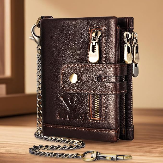 Anti-Theft Mens Wallet with Chain Genuine Leather ID Window Purse with RFID Blocking Bifold Double Zipper Coin Pocket with Gift Box - Image 7