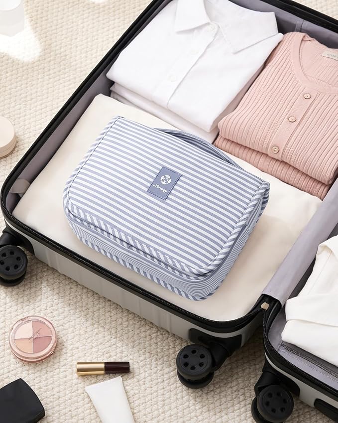 Narwey Small Hanging Toiletry Bag for Travel Women Girl, Striped Toiletries Travel Bag with Hook, Hanging Makeup Bag Organizer Make Up Cosmetic Bags, Gifts for Kids Teen (Greyish Blue Stripe) - Image 7