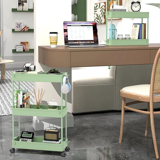 SPACEKEEPER Slim Rolling Storage Cart, 3 Tier Bathroom Cart Organizer,Green | Narrow Rolling Cart with Wheels for Kitchen Office Bathroom Laundry Room,Mobile Utility Cart for Craft Art Makeup Nail Polish - Image 2
