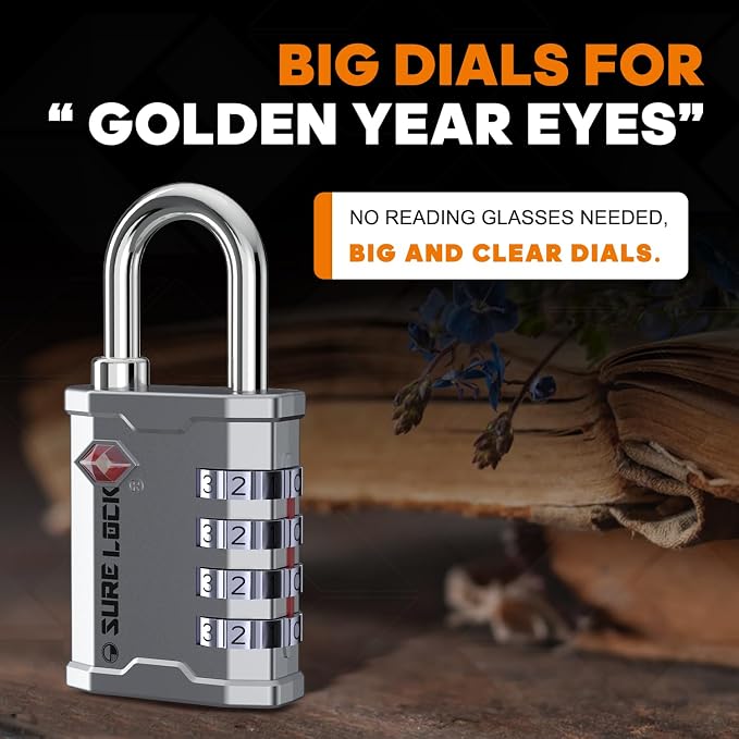 SURE LOCK TSA Accepted 4 Dig Heavy Duty Big Combination Luggage Padlock All Metal Travel Lock for Equipment Hard Case Luggage Gun Case Gym Locker Pelican Vault Lock (1, Silver) - Image 3
